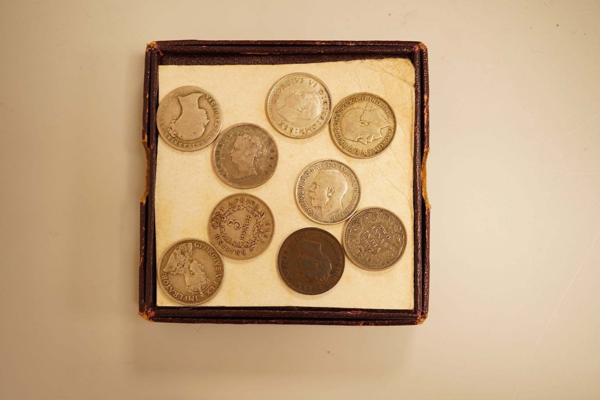 Assortment of silver coins to include a 5 Franc, 1851 and Queen Victoria four pence